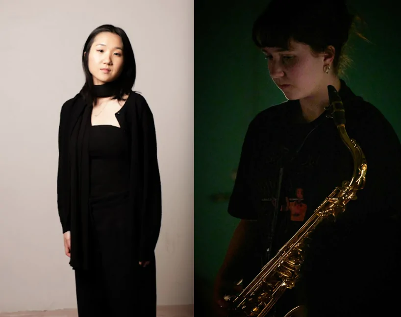 Collage of two images - left hand image is Abi Lee in black, against a neutral background. Image on the right shows Gabriella Hill in shadow holding her saxophone across her body