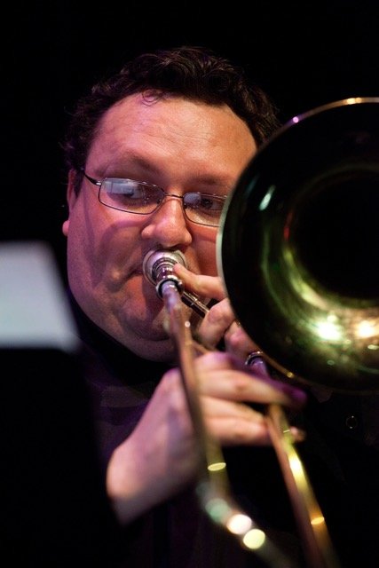 Adrian Sherriff with trombone front on